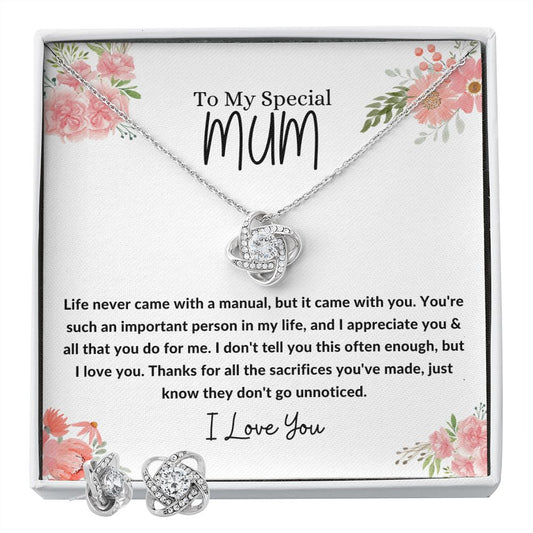 To My Special Mum - I Love You Mum - Love Knot Necklace & Earring Set - luxafinejewelry