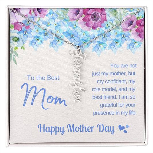 To The Best Mom | My Best Friend & Role Model - Vertical Name Necklace (Blue)